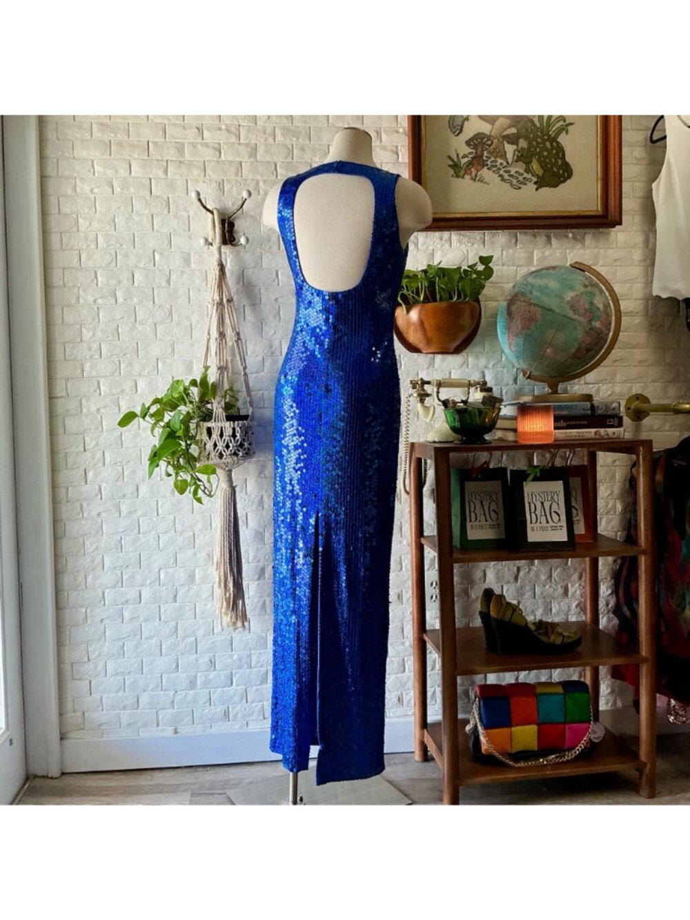 Vintage 1990s Y2K Royal Blue Sequin Halter Dress Gown + Cut-Out Back - Picture 6 of 12